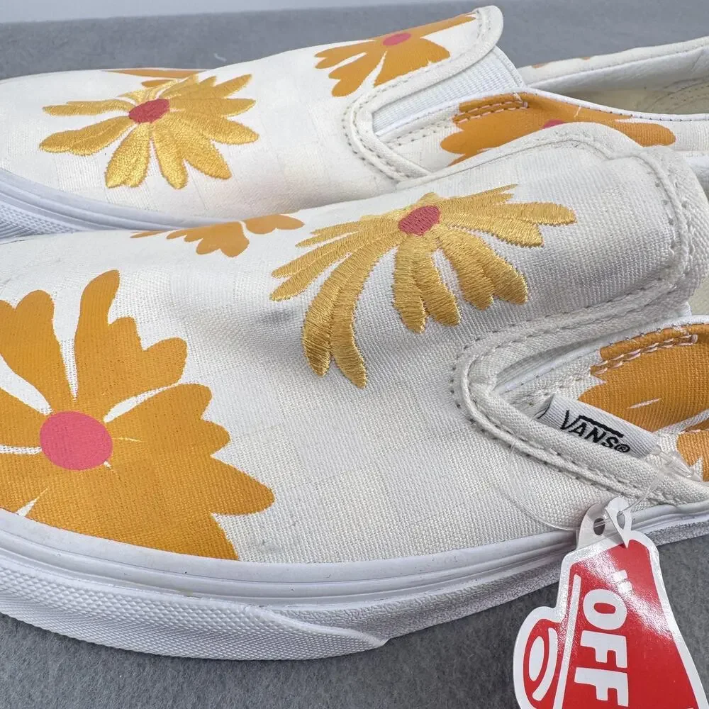 Vans Classic Slip-On Shoes Mens Size 7 Womens 8.5 White Daisy Floral Canvas - Picture 3 of 8